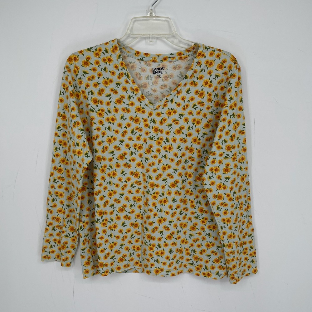 Lands' End Women's Blue Sunflower V-Neck Long Sleeve Top Size MP Petite